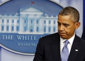 U.S. President Barack Obama finishes a statement to the media about the government shutdown in the briefing room of the White House in Washington