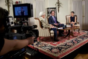 Pell Center Executive Director Jim Ludes and Fellow G. Wayne Miller sit down with Lisa Genova on the set of Story in the Public Square.