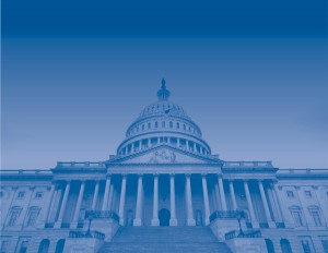 The capitol building in Washington, D.C. with a blue filter over it.