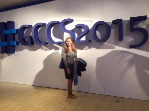 Pell Center Senior Fellow Francesca Spidalieri standing in front of the GCCS2015 sign