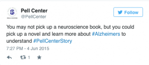 Tweet from the Pell Center on Lisa Genova's novel Still Alice