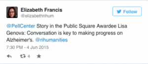 Tweet by Elizabeth Francis on Pell Center Prize winner Lisa Genova