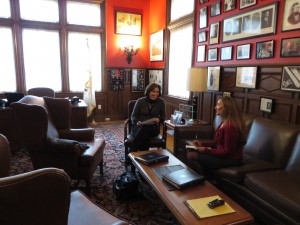 Candid photograph of Pell Center Senior Fellow Francesca Spidalieri interviewing adjunct fellow Ellen Giblin.