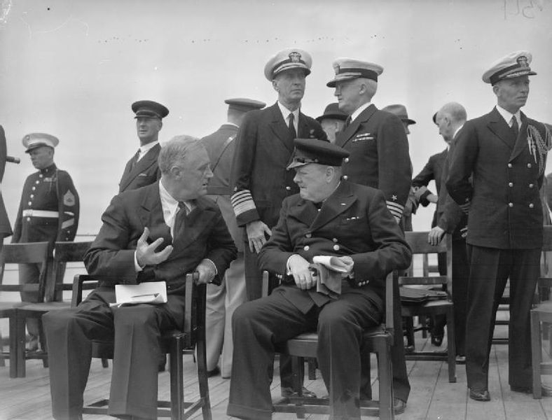 Black and white photo of FDR and Winston Churchill at the Atlantic Conference