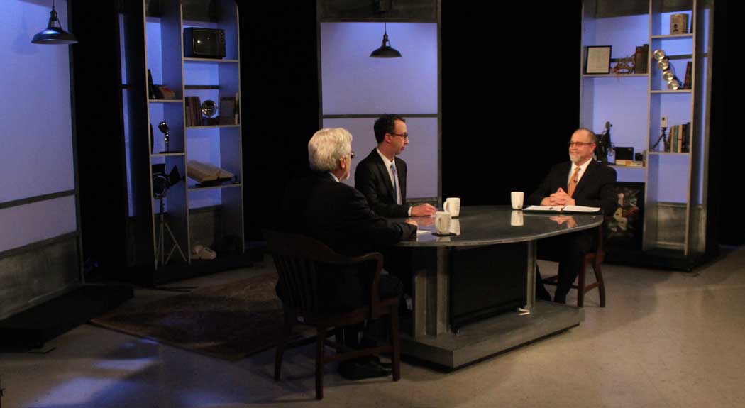 Jim Ludes and G. Wayne Miller with Michael Kennedy on set of "Story in the Public Square"