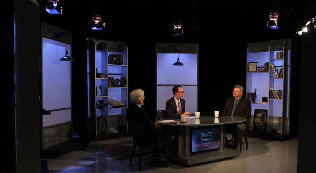 Jim Ludes and G. Wayne Miller with Sean Kay on set of "Story in the Public Square"